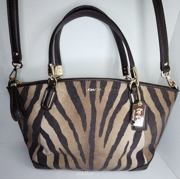 Coach Madison Kelsey Zebra Print Canvas Satchel With  Leather Trim *Brown* - Picture 2 of 16